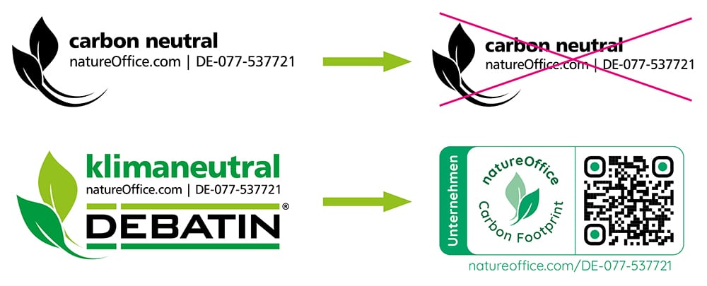 The illustration shows the changes to the “carbon neutral” logo. The top left logo reads "carbon neutral". A green arrow points towards the same logo, crossed out, on the right. This shows that it is no longer in use. At the bottom left is the old logo which says “klimaneutral” (“carbon neutral”), together with the DEBATIN logo and two green leaves. A second green arrow points towards the right, to a new label with a QR code and the words “natureOffice Carbon Footprint” for “Unternehmen” (“companies”) with a link leading to natureoffice.com.