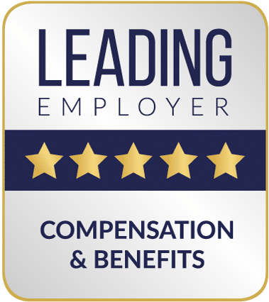 Award with a gold border and silver background. At the top, "LEADING EMPLOYER" in dark blue text. Below, a dark blue bar with five gold stars. At the bottom, the black inscription "COMPENSATION & BENEFITS".