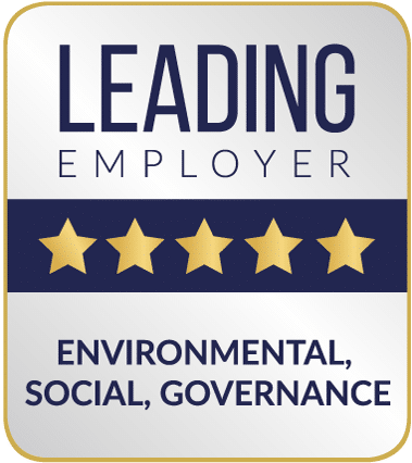 Award with a gold border and silver background. At the top, "LEADING EMPLOYER" in dark blue text. Below, a dark blue bar with five gold stars. At the bottom, the black inscription "ENVIRONMENTAL, SOCIAL, GOVERNANCE".